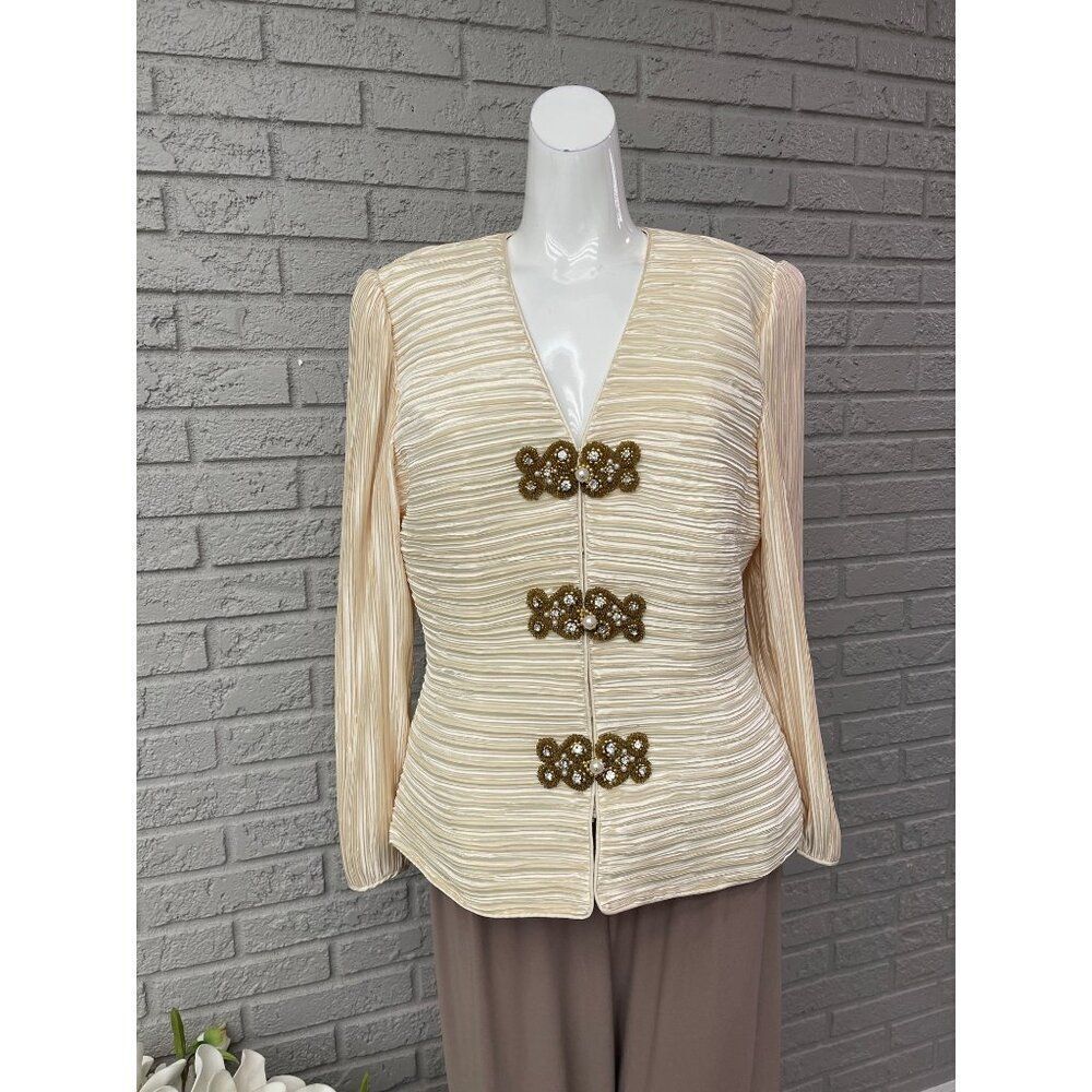 Formal Threads Women Cream Crinkle Blouse With Faux Pearls / Gold Beads
